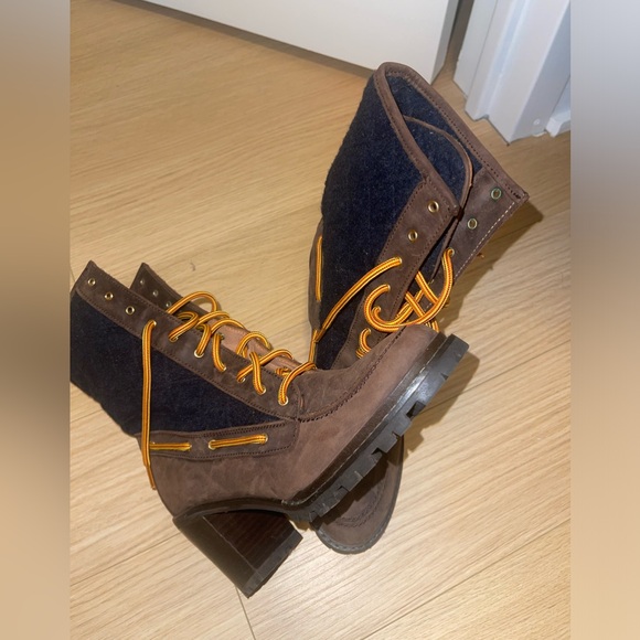 Hunter Black & Brown Leather Quilted Henson Heeled Lace Up Boots - Picture 4 of 4